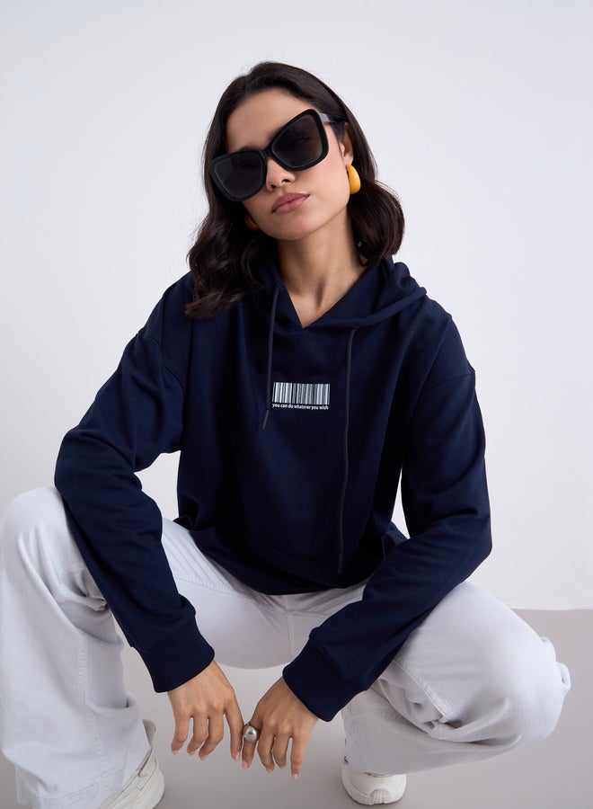 ستايلي هودي واسع بطبعة باركود كحلي - Image 1