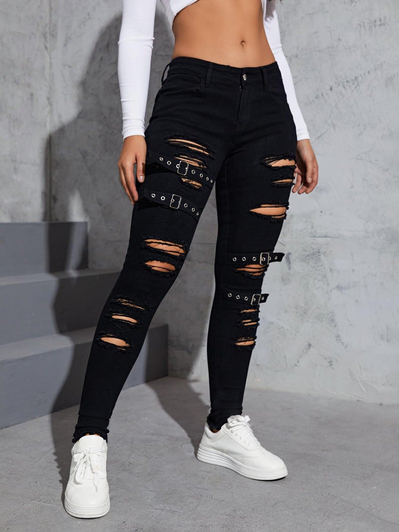 Floerns Women's Ripped Distressed High Waist Jeans Stretch Denim Pants Black 26 - Image 4