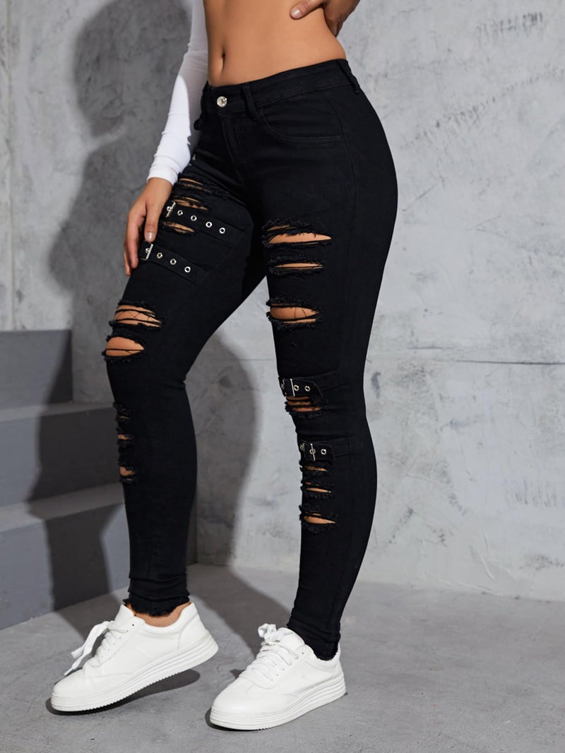Floerns Women's Ripped Distressed High Waist Jeans Stretch Denim Pants Black 26 - Image 3
