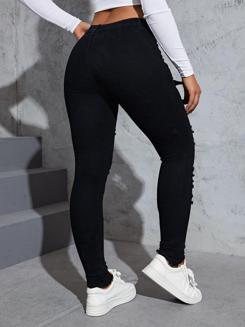 Floerns Women's Ripped Distressed High Waist Jeans Stretch Denim Pants Black 26 - Image 2