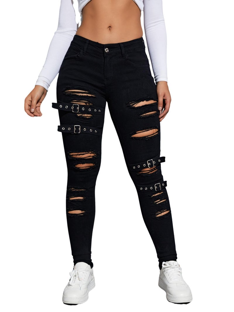 Floerns Women's Ripped Distressed High Waist Jeans Stretch Denim Pants Black 26 - Image 1