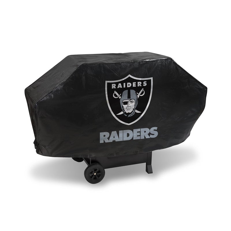 Rico Industries Rico Industries NFL Las Vegas Raiders Black Deluxe Grill Cover Deluxe Vinyl Grill Cover  68 WideHeavy DutyVelcro Staps 