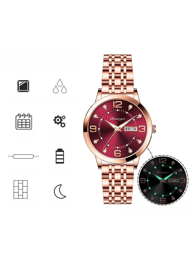 BONARGER Women's luxury water-resistant luminous quartz watch with a stainless steel strap - Image 2