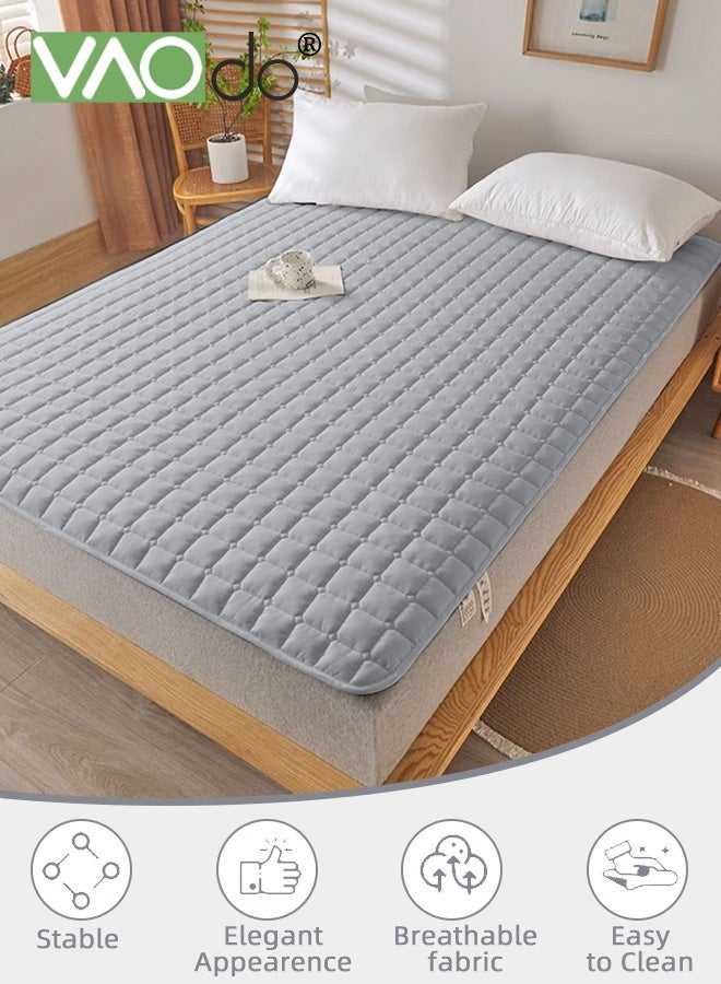 فاو دو مرتبة سرير بشريط مطاطي مانع للانزلاق، حشوة ألياف فول الصويا، غطاء سميك قابل للإزالة، وسادة نوم قابلة للطي محمولة قابلة للغسل في الغسالة باللون الرمادي - Image 2