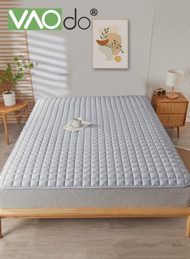 فاو دو مرتبة سرير بشريط مطاطي مانع للانزلاق، حشوة ألياف فول الصويا، غطاء سميك قابل للإزالة، وسادة نوم قابلة للطي محمولة قابلة للغسل في الغسالة باللون الرمادي - Image 1