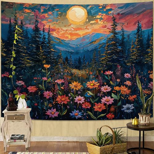 kampdream Landscape Tapestry, Scenery Art Wall Tapestries, Nature Wall Decor for Bedroom Living Room Backdrop Sunset Wildflowers 36×48 inches - Image 1