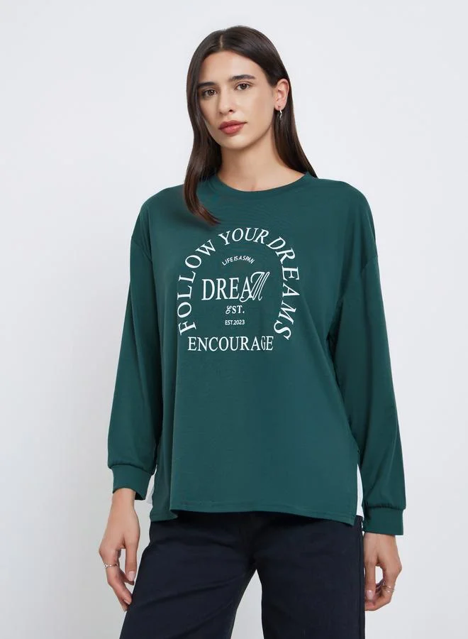 Dark Green Slogan Print Oversized T-Shirt