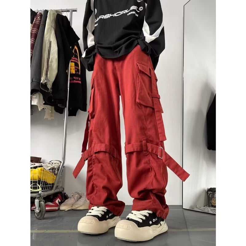 Multi-Pocket Cargo Pants with Tie Design Red