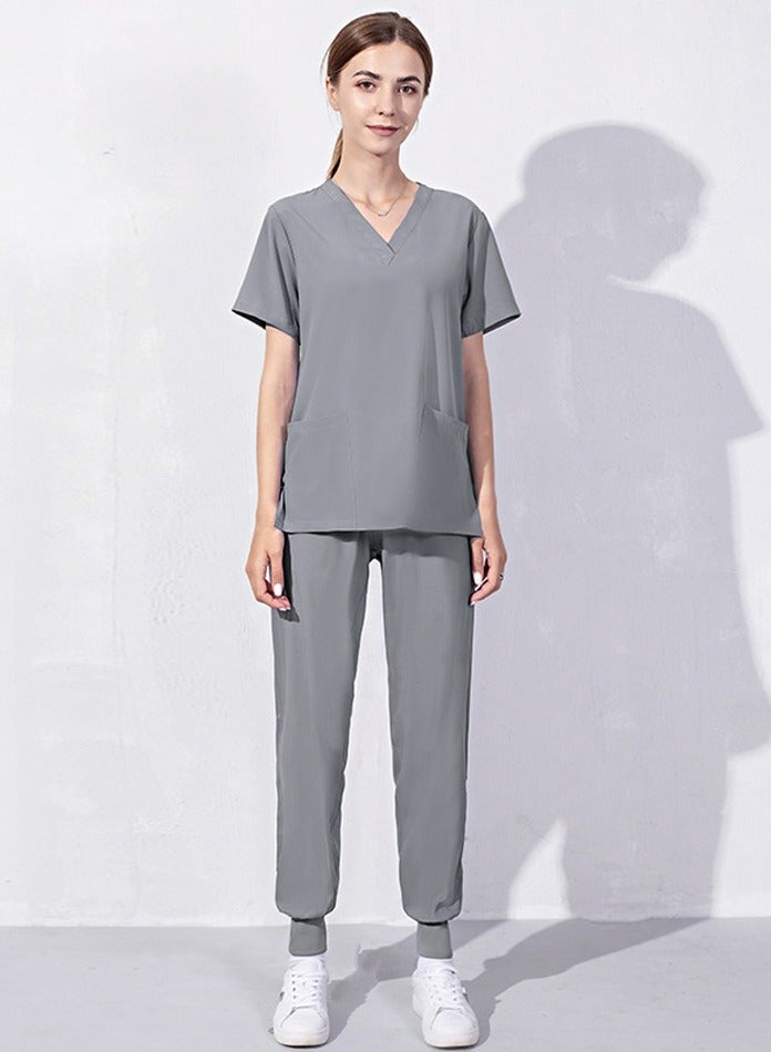 Loquat Medical Uniform Scrubs Set V-Neck Top and Loose Jogger Pants Suit Grey 