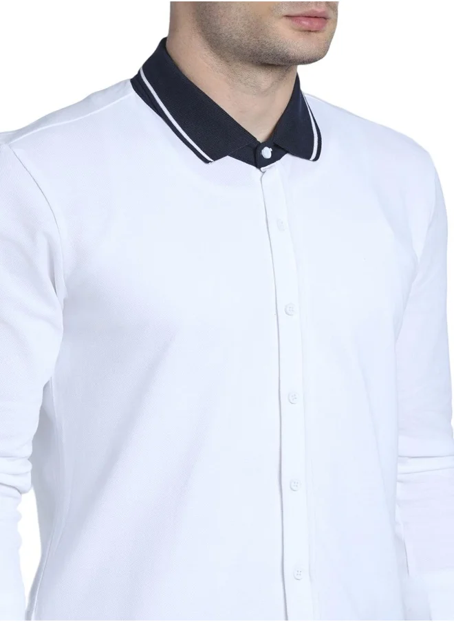 دينيس لينغو Slim Fit White 100% Cotton Solid Shirt for Men - Spread Collar, Full Sleeves, Casual