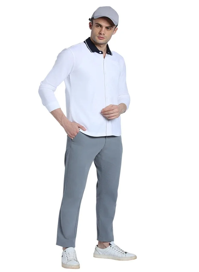 دينيس لينغو Slim Fit White 100% Cotton Solid Shirt for Men - Spread Collar, Full Sleeves, Casual