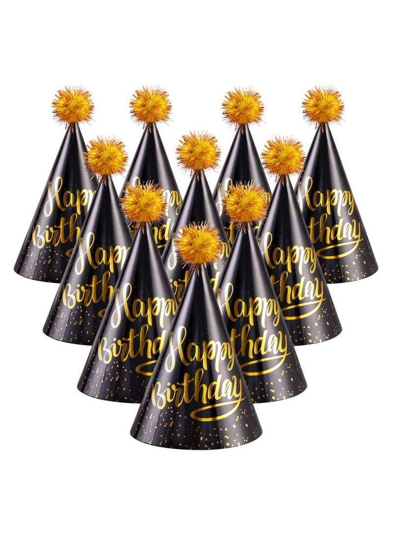 SYOSI Birthday Party Hats Fun Celebration Kit of 10 Black and Gold Happy Cone for Kids Supplies Decorations  - Image 1