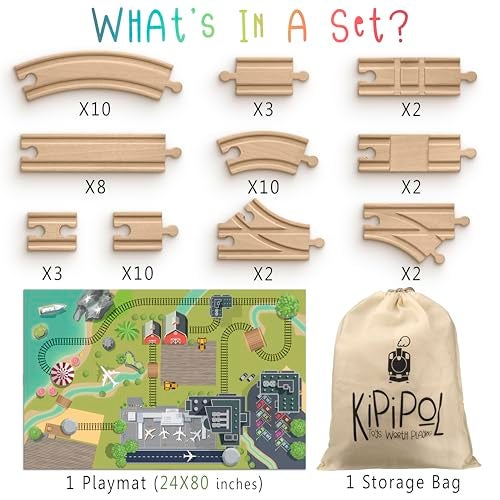KipiPol Wooden Train Tracks Set - 52 pcs+Bonus Railroad Map –Compatible W All Major Wooden Railway Toy Brands Including: Thomas The Train Track Set, Brio Train, Melissa and Doug Train Set for Kids 3+ - Image 2