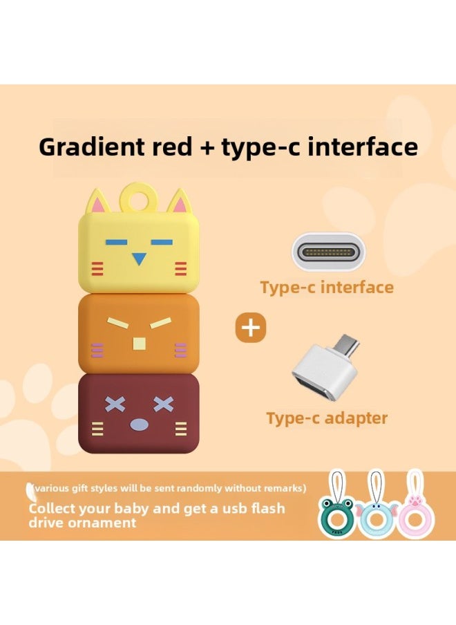 Generic - Creative Mini PVC Cat Cute Cartoon Car Music Mobile Phone High Speed U Disk Event Gift Usb-Color:Gradient Red + Type-c Adapter-Capacity:3.0 High Speed 32g - Image 1