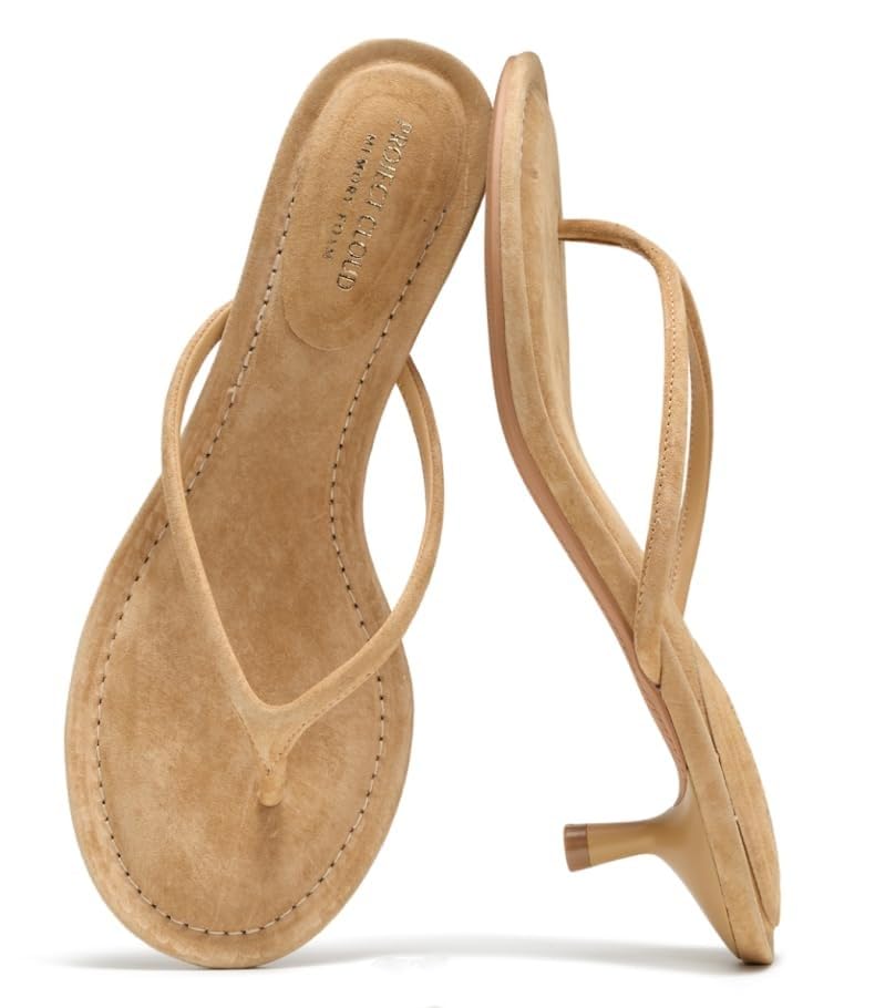 Project Cloud 100% Genuine Leather Kitten Heels for Women Footwear - Memory Foam Fashion Thong Heels for Women - Lightweight Summer Sandals for Womens 2026 (Mango, TANSUEDE,9M) - Image 1