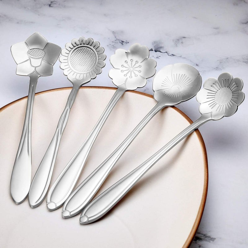 Chengu 8 Pieces Flower Spoon Coffee Teaspoon Set Stainless Steel Tableware Creative Sugar Tea Stir Bar Stirring Spoon, Different Patterns (Silver) - Image 4
