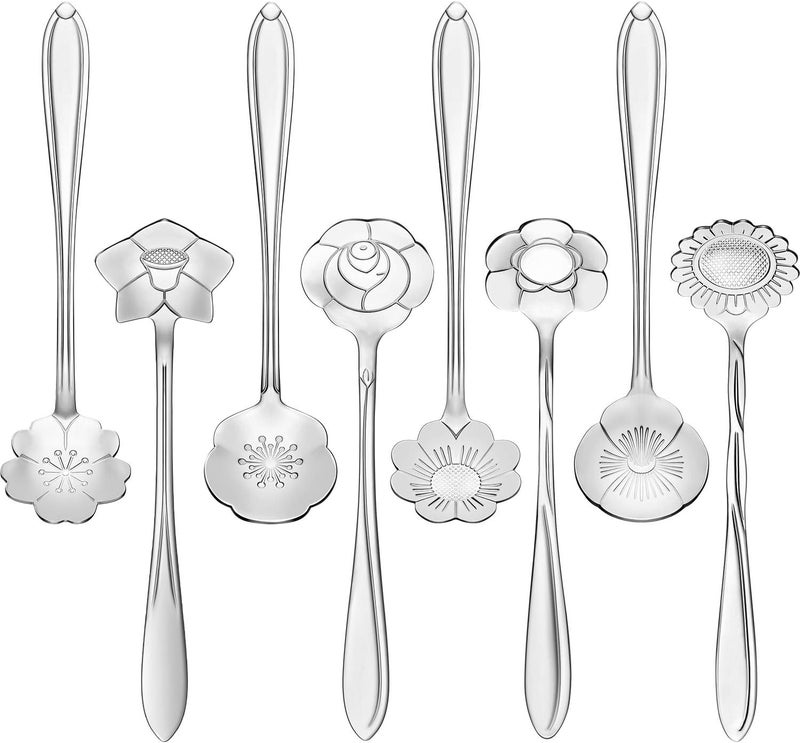 Chengu 8 Pieces Flower Spoon Coffee Teaspoon Set Stainless Steel Tableware Creative Sugar Tea Stir Bar Stirring Spoon, Different Patterns (Silver) - Image 1