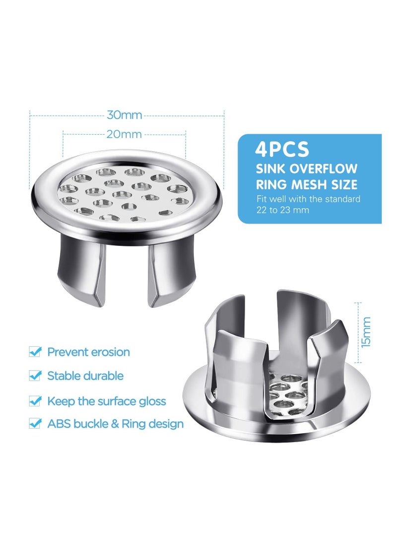 Sink Overflow Ring, Kitchen Bathroom Hole Round Cover Basin Trim Drain Cap Insert in Spares, 30mm Silver (4 Pieces Mesh-Type) - Image 2