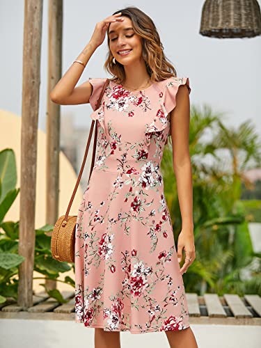 YATHON Women's Vintage Ruffle Floral Flared A Line Swing Casual Cocktail Party Dresses (L, YT001-Pink Floral 01) - Image 5