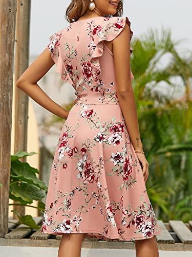 YATHON Women's Vintage Ruffle Floral Flared A Line Swing Casual Cocktail Party Dresses (L, YT001-Pink Floral 01) - Image 3