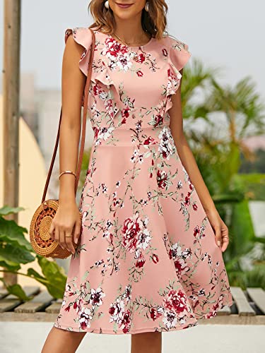 YATHON Women's Vintage Ruffle Floral Flared A Line Swing Casual Cocktail Party Dresses (L, YT001-Pink Floral 01) - Image 4