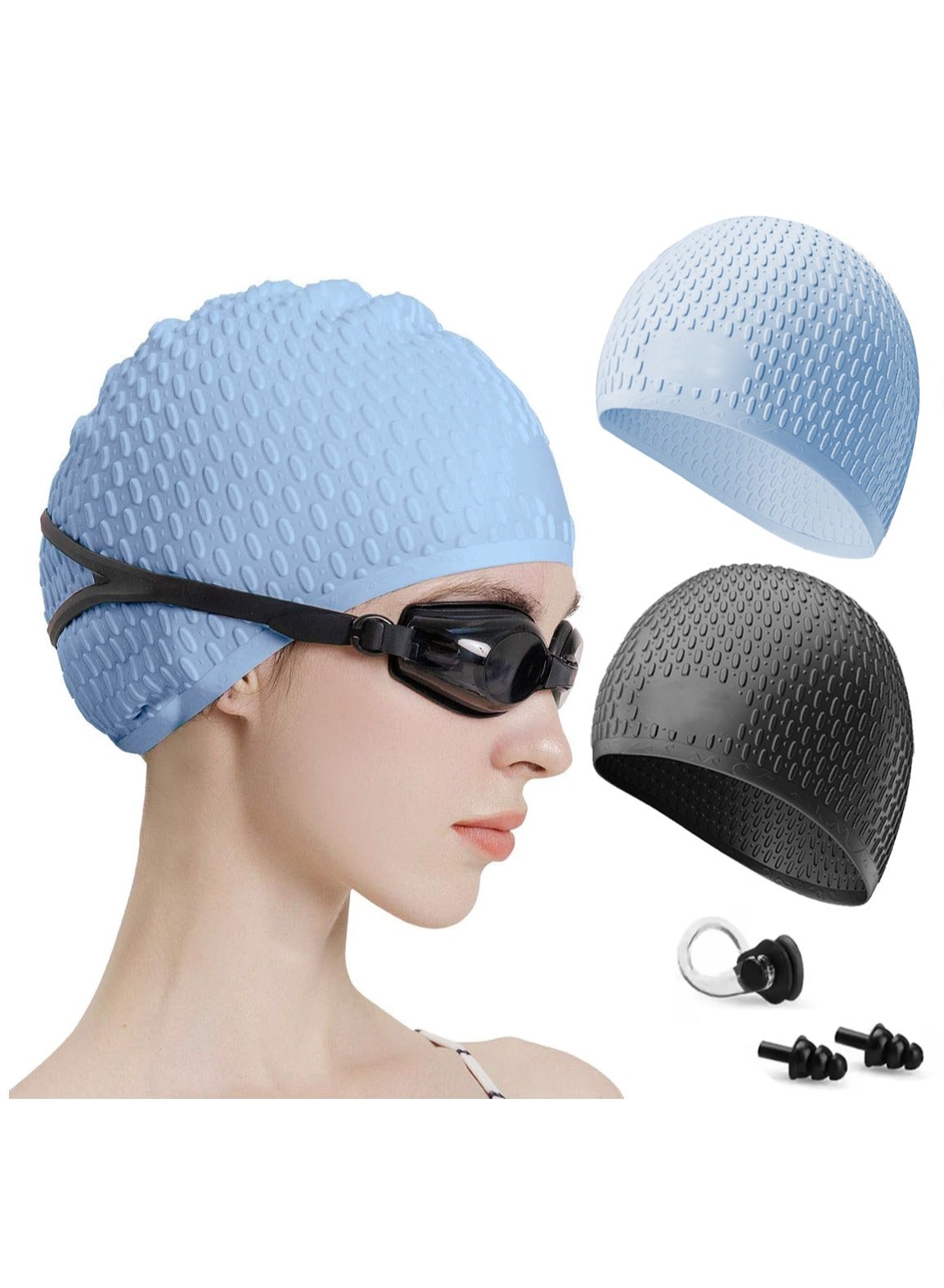 SänHahn 2 Pack Unisex Silicone Swim Cap for Women Men, Large Size Swimming Caps for Long Hair/Braids to Keep Hair Dry, Waterproof Bathing Caps for Swimming with Ear Plugs & Nose Clip Set - (Black&Blue