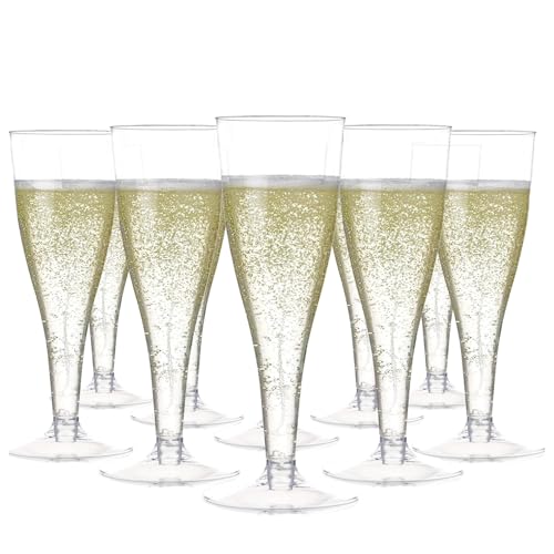 Prestee 100 Pack Clear Plastic Champagne Flutes - 4.5 oz Durable Disposable Champagne Glasses for Parties, Weddings, Toasting and Large Celebrations - Elegant Wine Glasses Stemware for Easy Cleanup - Image 1