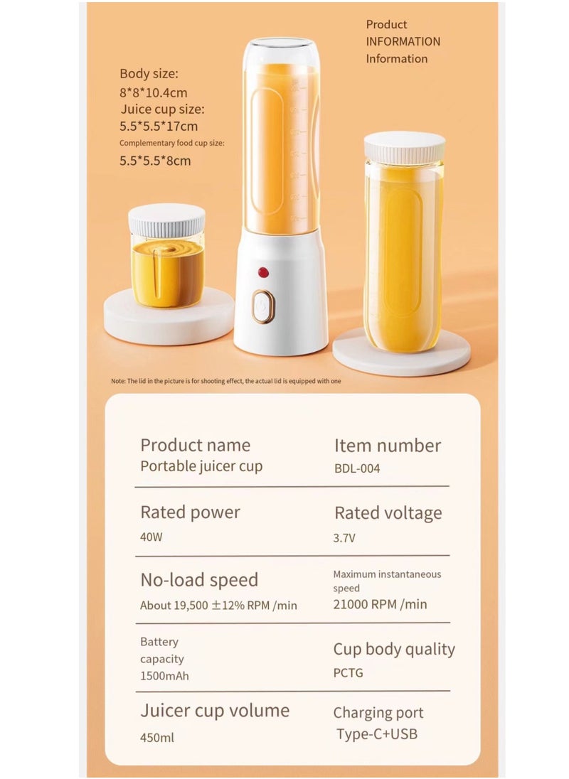 Generic - Portable Blender One-Touch Button Smoothie Maker with 450ML, BPA-Free Sports Bottle with Travel Lid, Long-Lasting 1500mAh battery - Image 1