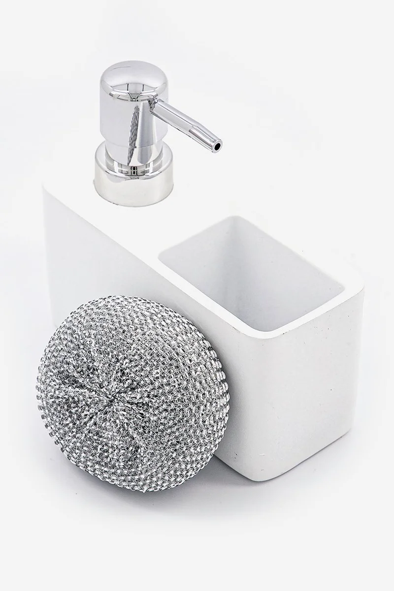 موي موتشو Soap Dispenser With Scourer, White and Silver