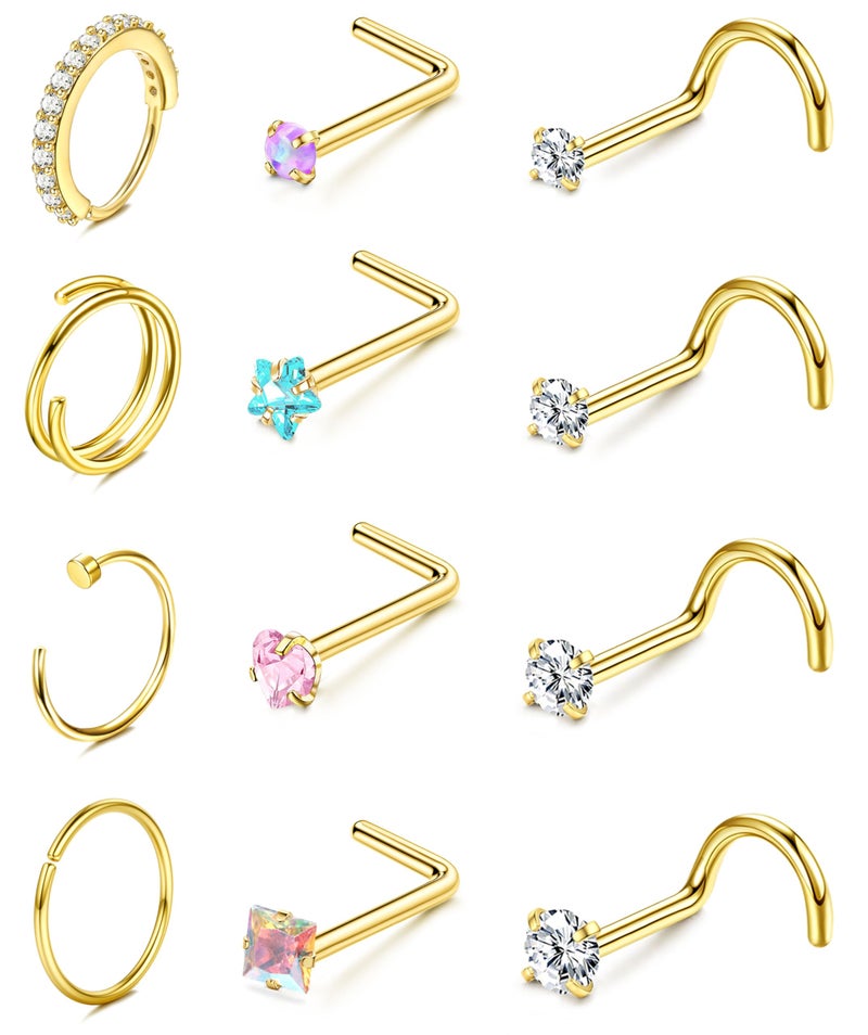 ORAZIO Nose Rings for Women - 14K Gold Filled Hypoallergenic Surgical Steel Nose Ring Hoops 22G Small Cute CZ Screw L Shaped Nose Studs Piercings Jewelry for Women Men 12Pcs G2 - Image 1