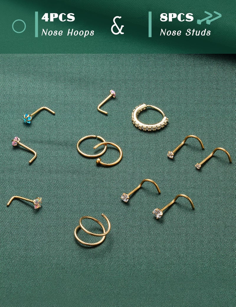 ORAZIO Nose Rings for Women - 14K Gold Filled Hypoallergenic Surgical Steel Nose Ring Hoops 22G Small Cute CZ Screw L Shaped Nose Studs Piercings Jewelry for Women Men 12Pcs G2 - Image 5