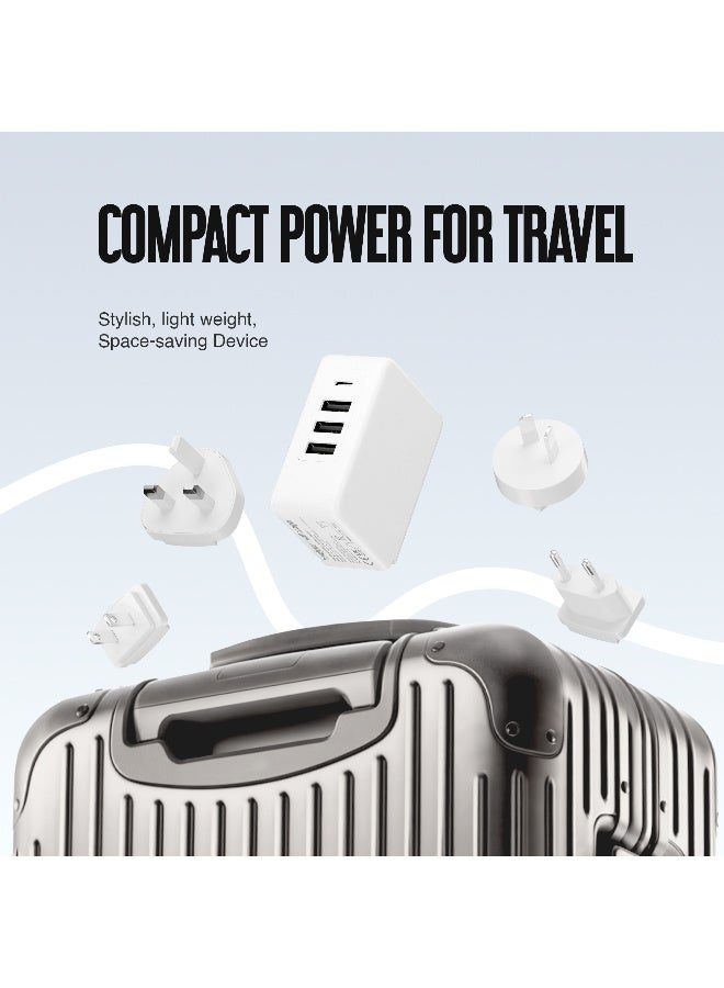 JUICE Travel Adapter Plug with 4 USB Ports & Interchangeable Worldwide Plugs, 4.8A Output – Universal Wall Charger for UK, EU, US, AUS – White - Image 3