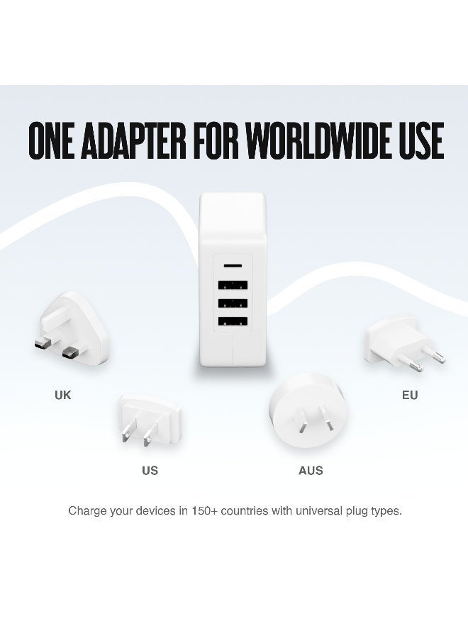 JUICE Travel Adapter Plug with 4 USB Ports & Interchangeable Worldwide Plugs, 4.8A Output – Universal Wall Charger for UK, EU, US, AUS – White - Image 4