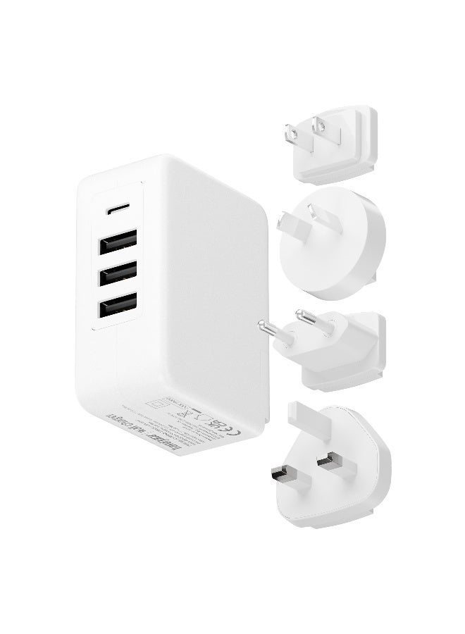 JUICE Travel Adapter Plug with 4 USB Ports & Interchangeable Worldwide Plugs, 4.8A Output – Universal Wall Charger for UK, EU, US, AUS – White - Image 1