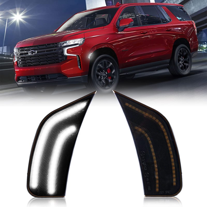 أضواء مؤشر الجانب LED DERMOKA لسيارات 2021-2024 Yukon XL Denali Tahoe Suburban Escalade ESV مصابيح إشارة موضع بيضاء عدسة مدخنة 2 عبوة LED بيضاء