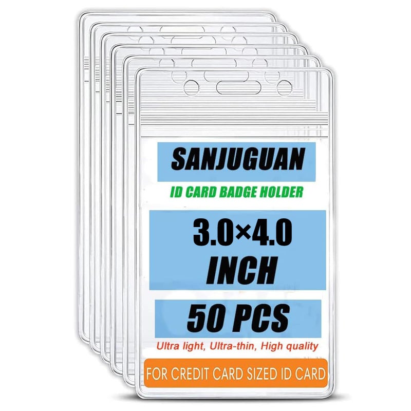 SANJUGUAN Badge Holder (Vertical, 50PCS),ID Badge Holder with Waterproof Resealable Zip Fits 4" x 3" ID Cards, Name Card Holder for Nurses Office - Image 1