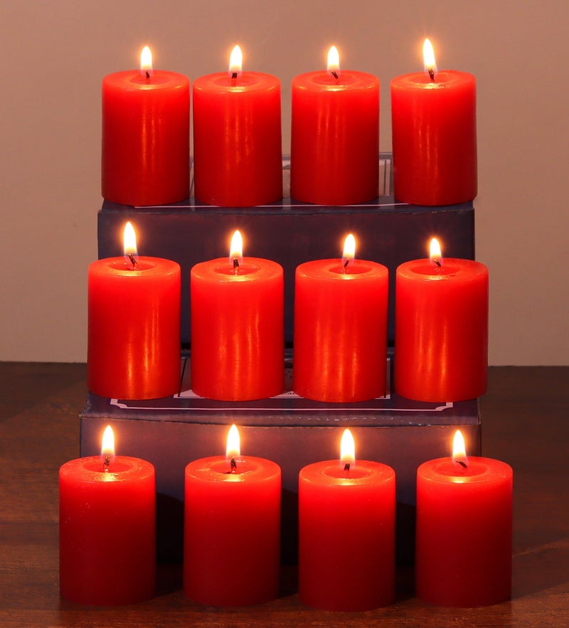 Stone & Feather, Small Red Pillar Candle Unscented, Pack of 12, Size 1.5X 2'' Smoke-Less, Burning time 8 Hours for Party, Event Decoration, Diwali, Christmas,Home Decor. - Image 1