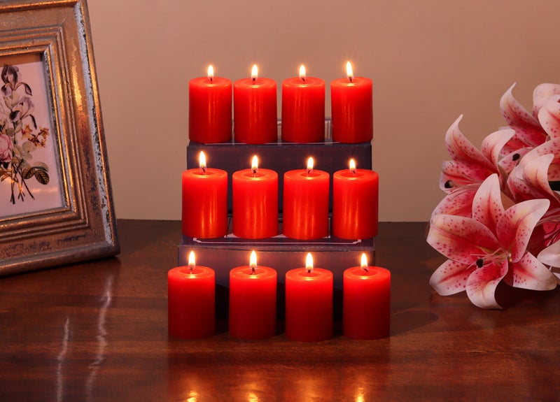Stone & Feather, Small Red Pillar Candle Unscented, Pack of 12, Size 1.5X 2'' Smoke-Less, Burning time 8 Hours for Party, Event Decoration, Diwali, Christmas,Home Decor. - Image 2
