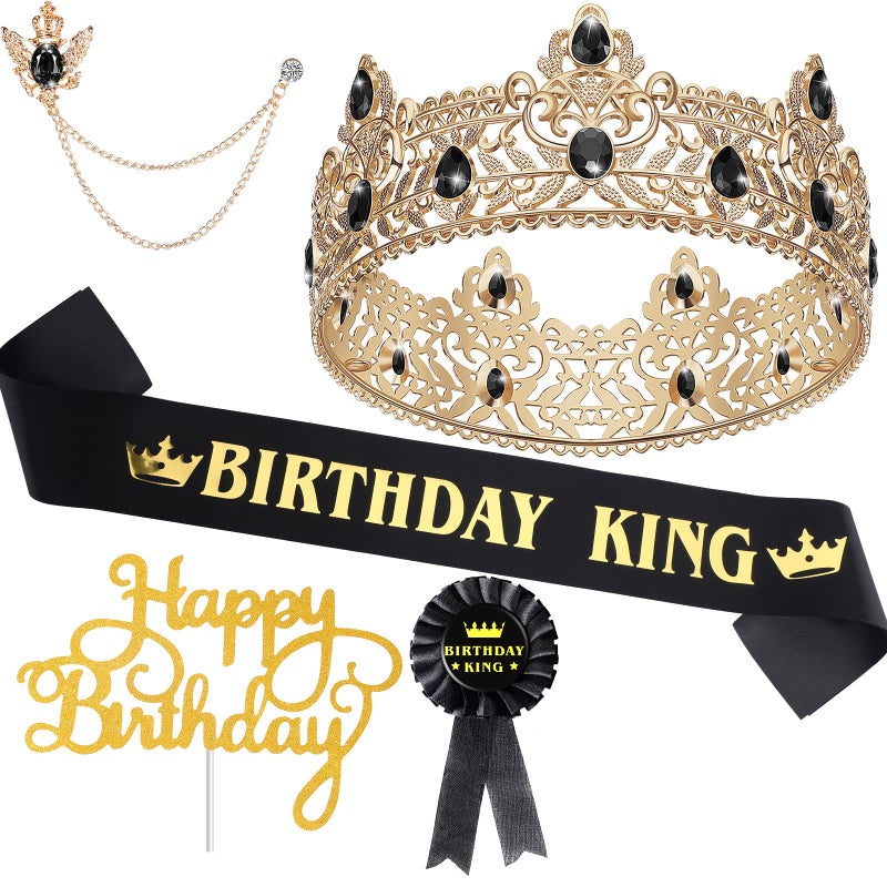 Junkin 5 Pieces Birthday Accessories Include Man King Crown King Sash Tinplate Badge Pin Crown Brooch Hanging Chain Men Decoration for Man Birthday Party Vibrant Style