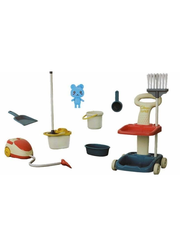 بريميم مجموعة أدوات تنظيف للأطفال باللون الأزرق والأحمر والأبيض، تتضمن ممسحة وفرشاة ومجرفة وعلبة تخزين - Image 1