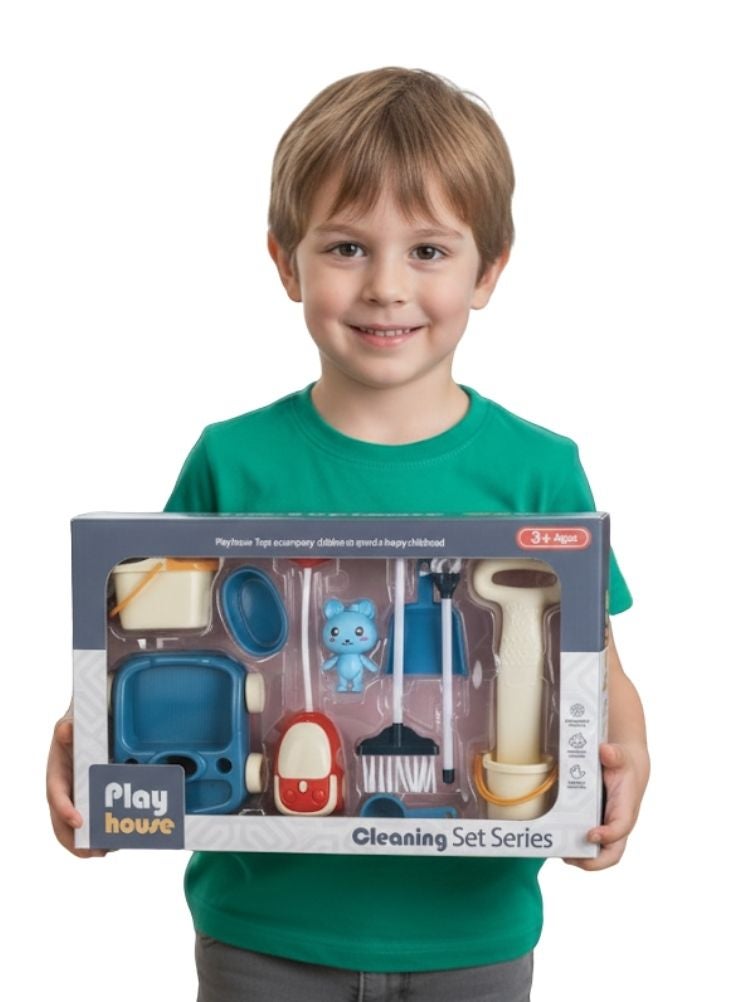 بريميم مجموعة أدوات تنظيف للأطفال باللون الأزرق والأحمر والأبيض، تتضمن ممسحة وفرشاة ومجرفة وعلبة تخزين - Image 3