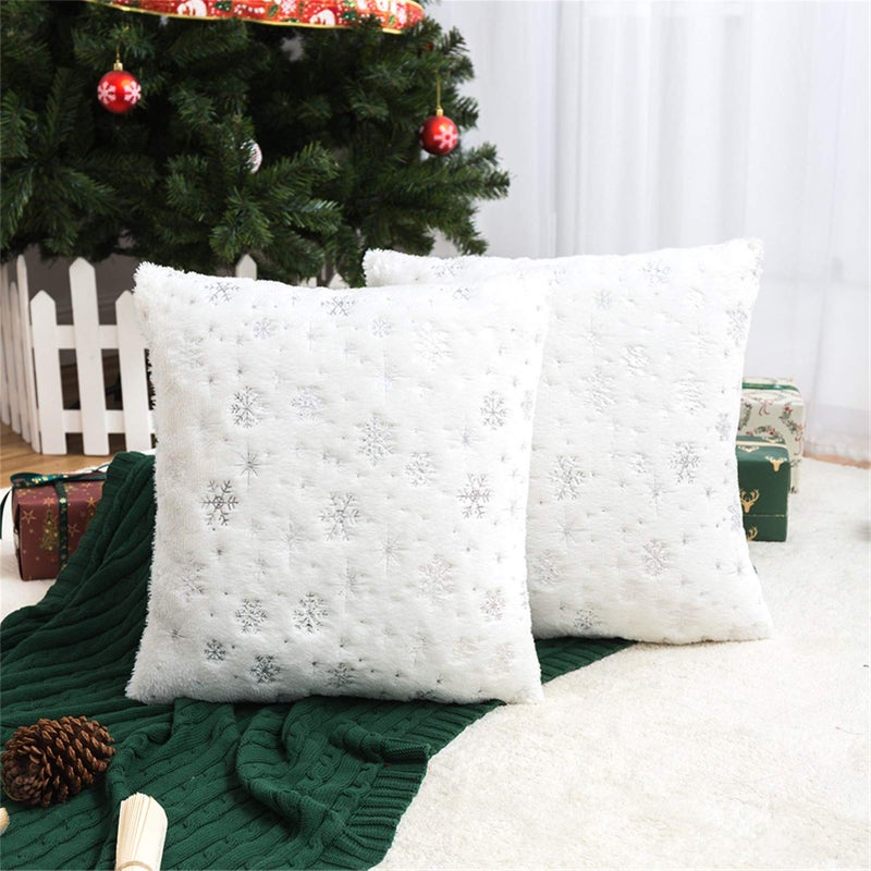 AQOTHES Soft Faux Fur Fuzzy Cute Decorative Throw Pillows Covers with Snowflake Glitter Printed Pillowcases for Christmas Decor Home Bed Room Sofa Chair Couch Ivory 18x18 inch Pack of 2