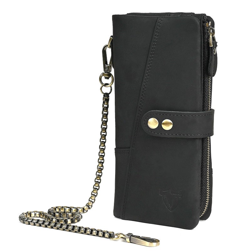Handadsume Genuine Crazy Horse Leather Travel Gift Coin Pocket Card Case Long Organizer Chain Rfid Wallet Purse With Snap For Men Male 1803 1815 1803 The Black2 - Image 2