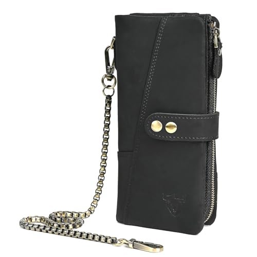 Handadsume Genuine Crazy Horse Leather Travel Gift Coin Pocket Card Case Long Organizer Chain Rfid Wallet Purse With Snap For Men Male 1803 1815 1803 The Black2 - Image 1
