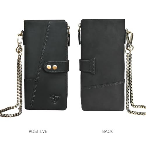Handadsume Genuine Crazy Horse Leather Travel Gift Coin Pocket Card Case Long Organizer Chain Rfid Wallet Purse With Snap For Men Male 1803 1815 1803 The Black2 - Image 3