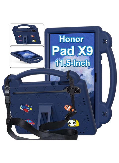 حافظة متوافقة مع جهاز Honor Pad X9 مقاس 11.5 بوصة، ملحقات يمكنك صنعها بنفسك للأطفال، حافظة مقاومة للصدمات مع [حامل أقلام] [حزام كتف] [حامل مقبض]، أزرق داكن