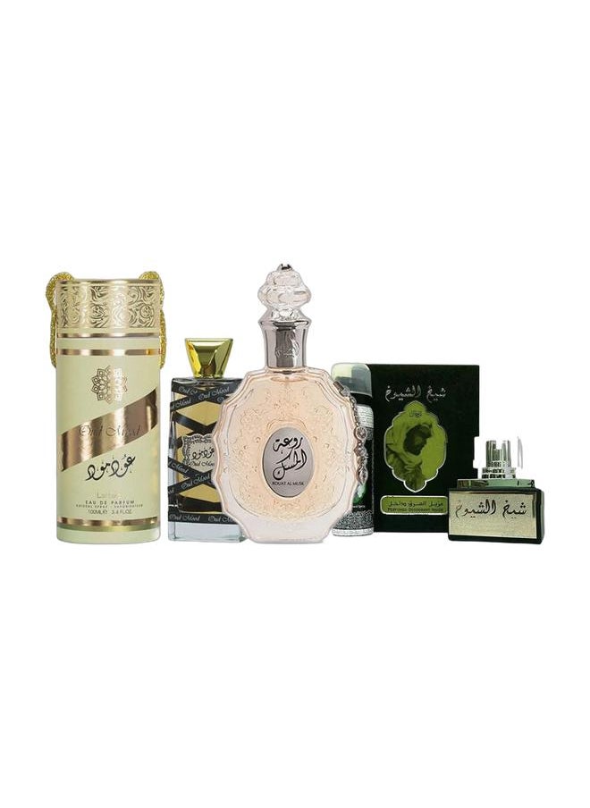 Lattafa Rouat Al Musk EDP 100ml, Sheikh Al Shuyukh EDP 50ml + Deodorant 50ml, and Oud Mood Lattafa Perfume For Men And Women EDP 100ml  - Image 1