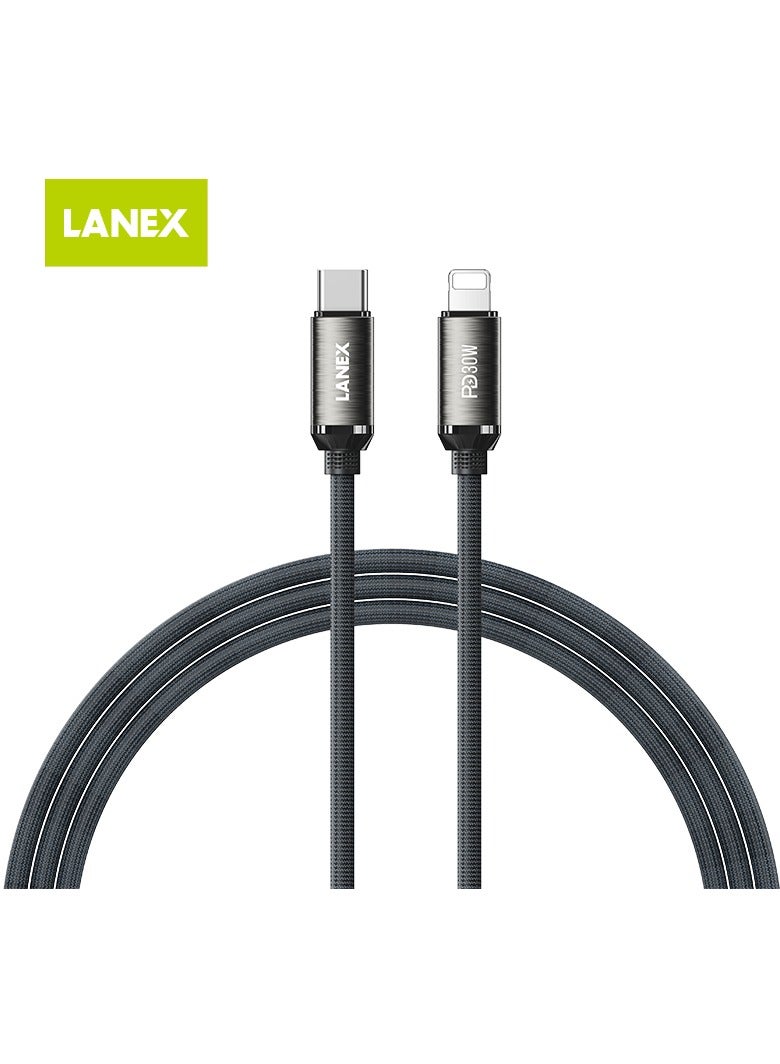 LANEX LS50CL 30W PD Fast Charging Cable, 1m Braided Fabric, USB C to Lightning Compatible with iPhone 14, 14 Plus, 14 Pro, 14 Pro Max, iPhone 13, 12, 11, XS, Pro Max, Pro, Mini, SE, iPad 9, Black - Image 1