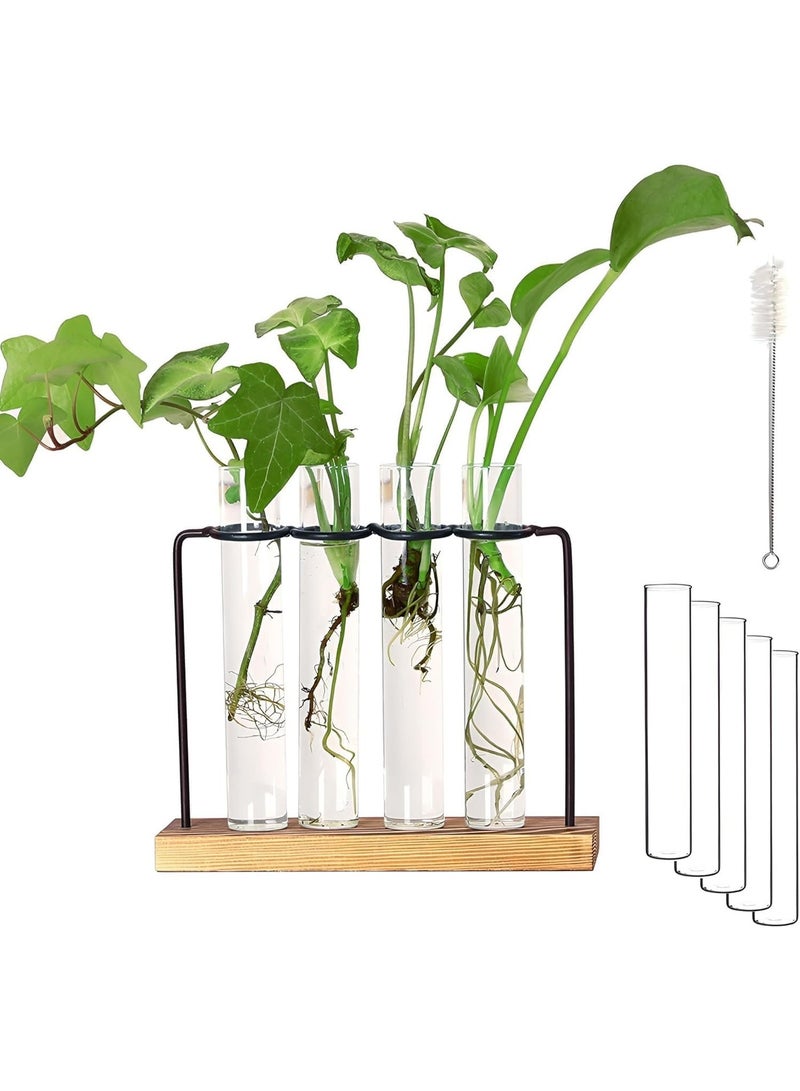 ChicAbode Plant Propagation Station, Desktop Glass Plant Propagation Station, Plant Terrarium with Wooden Stand, Air Planter Test Tubes Vase for Indoor Live Hydroponics Plants(5 Test Tubes, 1 Brush) - Image 1