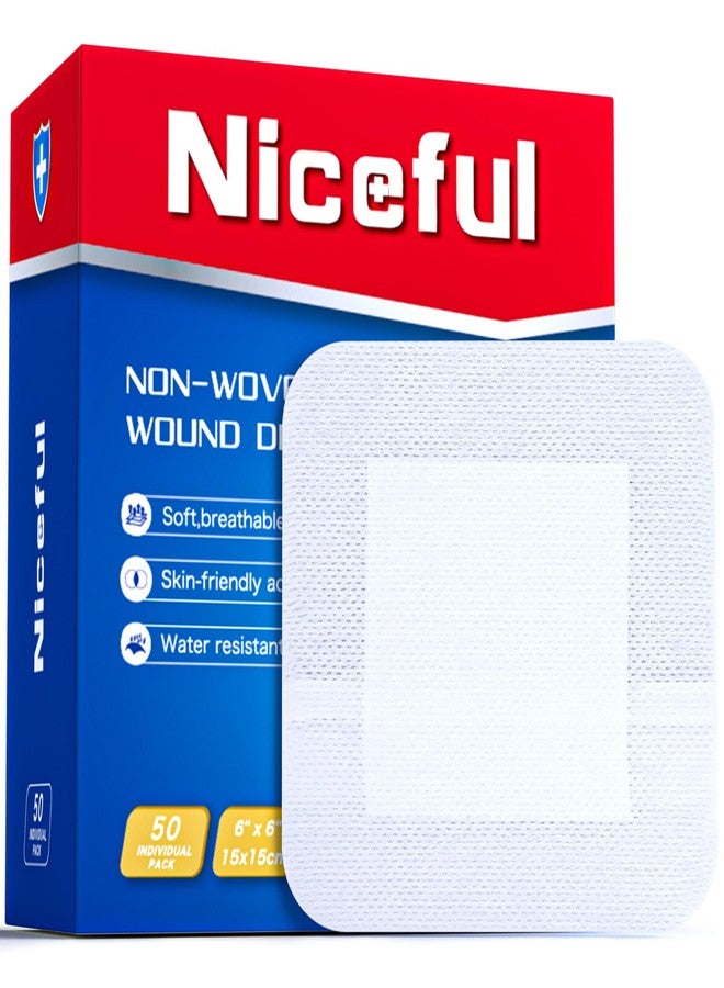Niceful 50Pcs Adhesive Gauze Island Dressing 6"x6", Water-Resistant Wound Dressing, Sterile & Absorbent Medical Grade Dressing Pad First Aid Dressing Pads - Image 1